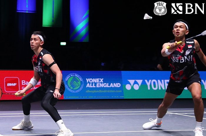 Ganda putra Indonesia, Muhammad Rian Ardianto dan Fajar Alfian, saat tampil pada perempat final All England Open 2024 di Birmingham, Inggris, 15 Maret 2024.