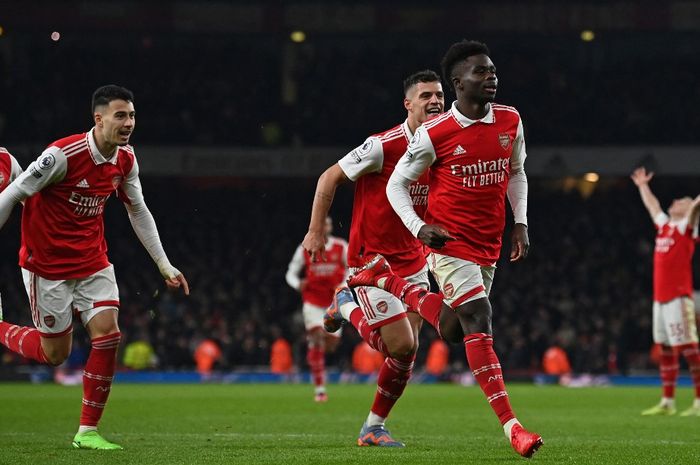 Selebrasi striker Arsenal, Eddie Nketiah (14), usai mencetak gol kemenangan ke gawang Manchester United di Emirates Stadium pada partai pekan ke-21 Liga Inggris 2022-2023.