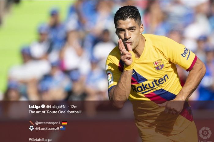 Luis Suarez mencetak gol bagi Barcelona ke gawang Getafe pada laga Liga Spanyol, Sabtu (28/9/2019)