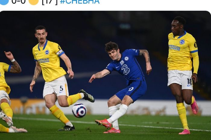 Gelandang serang Chelsea, Christian Pulisic, tampil melawan Brighton &amp; Hove Albion pada pertandingan Liga Inggris di Stamford Bridge, London, Inggris, Selasa (20/4/2021)