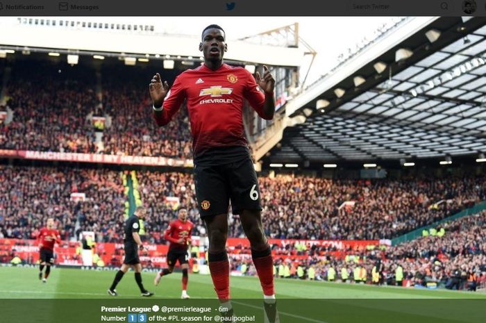 Selebrasi Paul Pogba usai mencetak gol ke gawang West Ham United pada laga lanjutan Liga Inggris, Sabtu (13/4/2019).