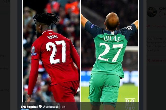 Pemain nomor punggung 27 Liverpool dan Tottenham Hotspur, Divock Origi dan Lucas Moura