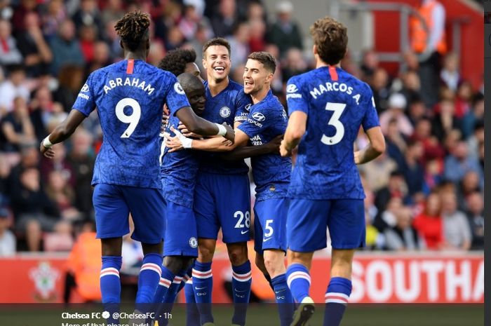 Selebrasi pemain Chelsea saat menang atas Southampton, di St Mary's Stadium, pada laga pekan ke-8 Liga Inggris, Minggu (6/10/2019). 