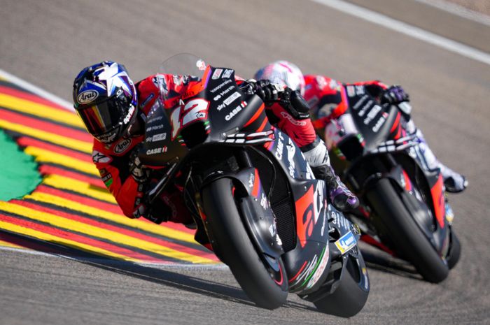 Pembalap Aprilia Racing, Maverick Vinales, ketika berlomba pada MotoGP Jerman 2022 di Sachsenring, Minggu (19/6/2022).