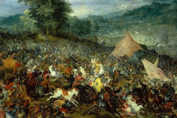 Lukisan Jan Brueghel the Elder tentang serangan nekat Aleksander Agung ke baris pertahanan Darius III dalam Pertempuran Gaugamela. Pertempuran ini menjadi titik kemenangan mutlak Aleksander atas Kekaisaran Persia.
