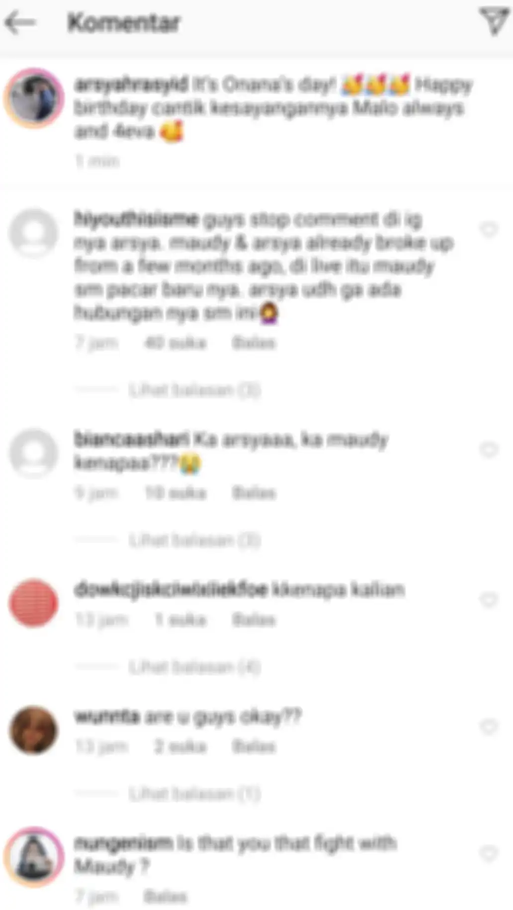 Komentar netizen di salah satu postingan Arsyah yang ribut menanyakan kondisi Maudy 