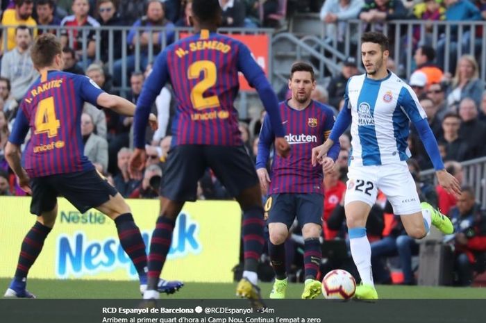 Laga derbi Catalunya antara Barcelona kontra Espanyol pada laga lanjutan Liga Spanyol, Sabtu (30/3/2019).