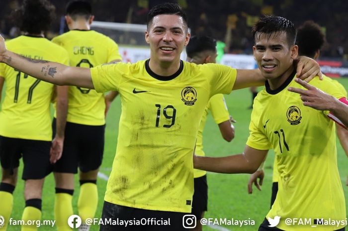 Pemain timnas Malaysia, Sergio Aguero, melakukan selebrasi setelah mencetak gol ke gawang Laos, Sabtu (24/12/2022).