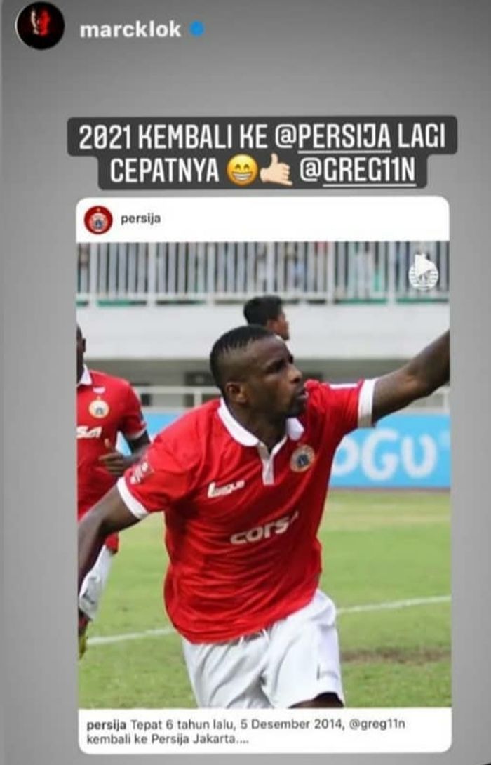 Unggahan Insta Story Marc Klok yang mengajak Greg Nwokolo untuk kembali lagi ke Persija Jakarta, 5 Desember 2020.