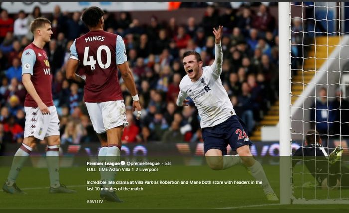 Andy Robertson saat mencetak gol ke gawang Aston Villa pada lanjutan Liga Inggris pekan ke-11, Sabtu (2/11/2019).