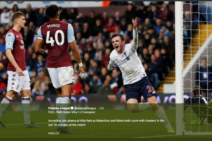 Andy Robertson saat mencetak gol ke gawang Aston Villa pada lanjutan Liga Inggris pekan ke-11, Sabtu (2/11/2019).