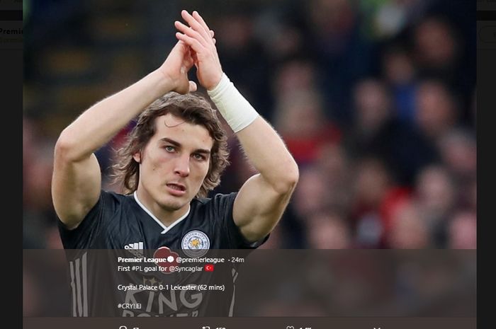 Selebrasi Caglar Soyuncu usai mencetak gol ke gawang Crystal Palace, di Stadion Selhurst Park, Minggu (3/11/2019).