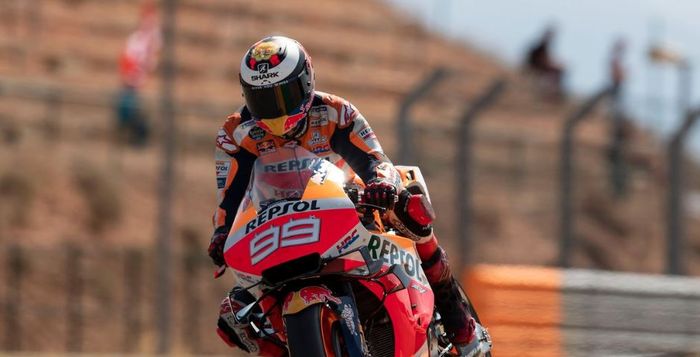 Aksi Pembalap Repsol Honda, Jorge Lorenzo pada sesi kualifikasi MotoGP Aragon 2019, Sabtu (22/9/2019)