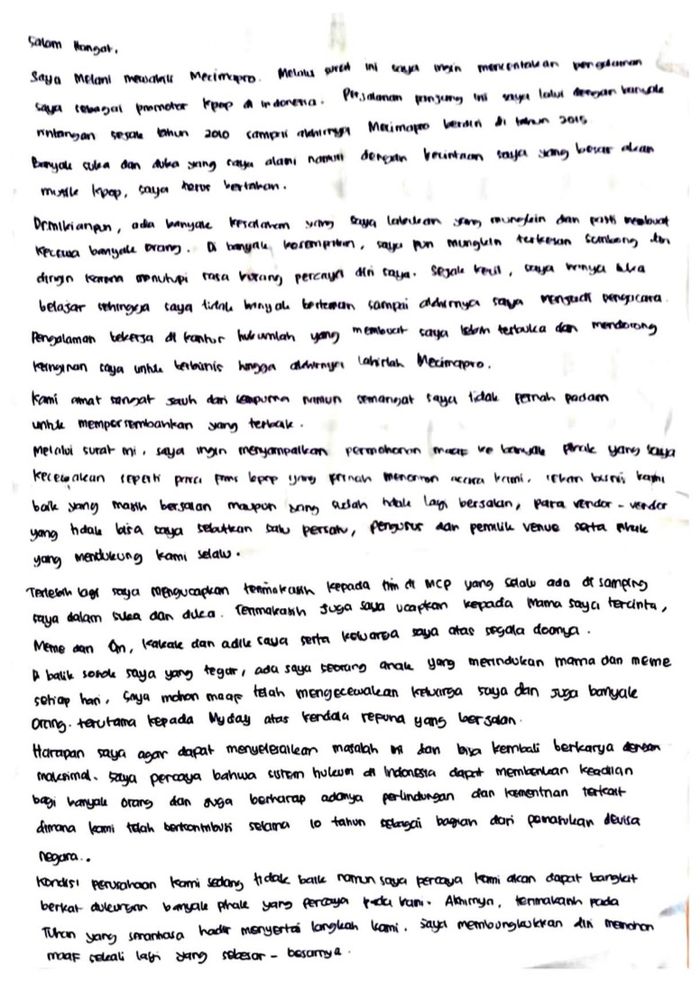 Isi surat Melani Mecimapro