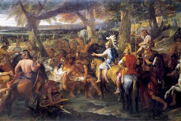 Lukisan tentang sejarah Aleksander Agung memenangkan Pertempuran Hydaspes. Musuhnya, Porus, adalah raja dari India yang sangat kuat. Ekspedisi ini membuka sejarah India untuk terhubung dengan Eropa.