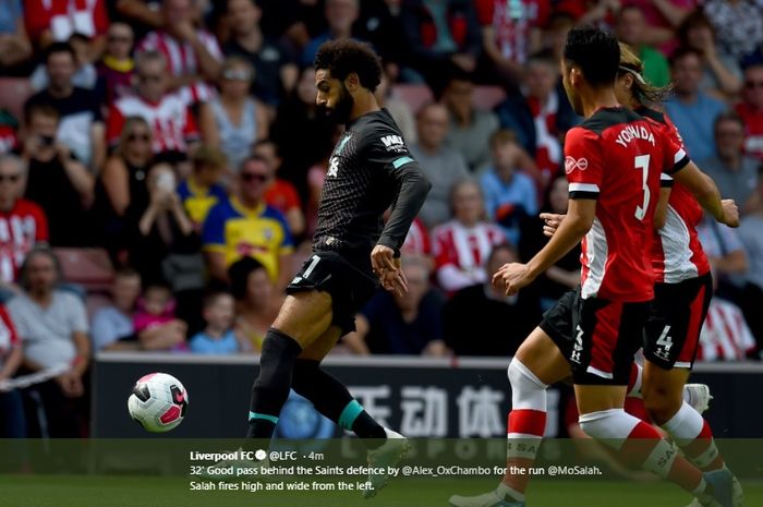 Aksi Mohamed Salah saat laga Southampton Vs Liverpool di St Mary Stadium, Sabtu (17/8/2019).