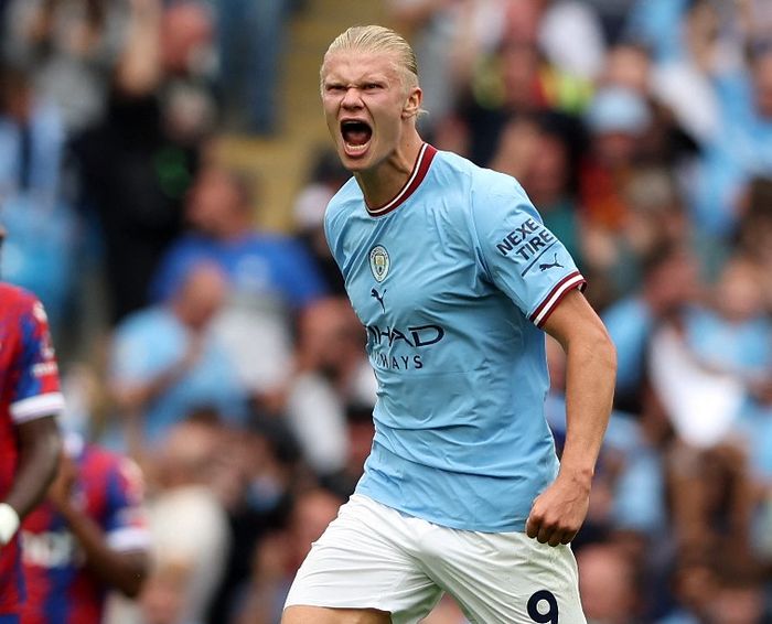 Striker Manchester City, Erling Haaland, merayakan gol ke gawang Crystal Palace dalam laga Liga Inggris di Stadion Etihad, Sabtu (27/8/2022).