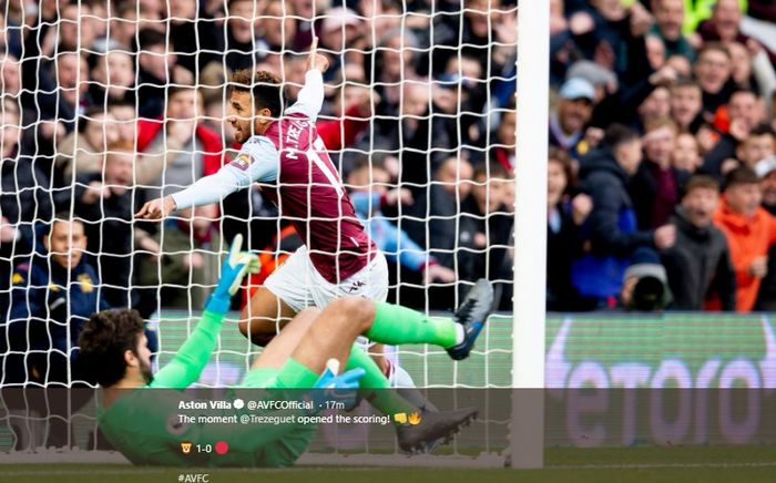 Trezeguet saat mencetak gol ke gawang Liverpool di Villa Park, pada laga pekan ke-11 Liga Inggris, Sabtu (2/11/2019)