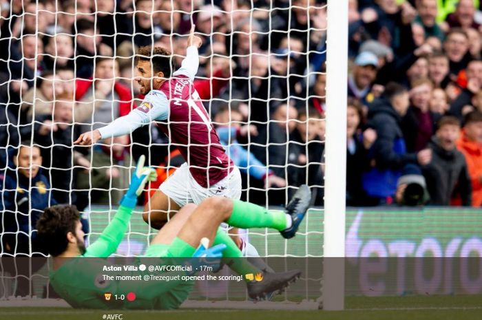 Trezeguet saat mencetak gol ke gawang Liverpool di Villa Park, pada laga pekan ke-11 Liga Inggris, Sabtu (2/11/2019)