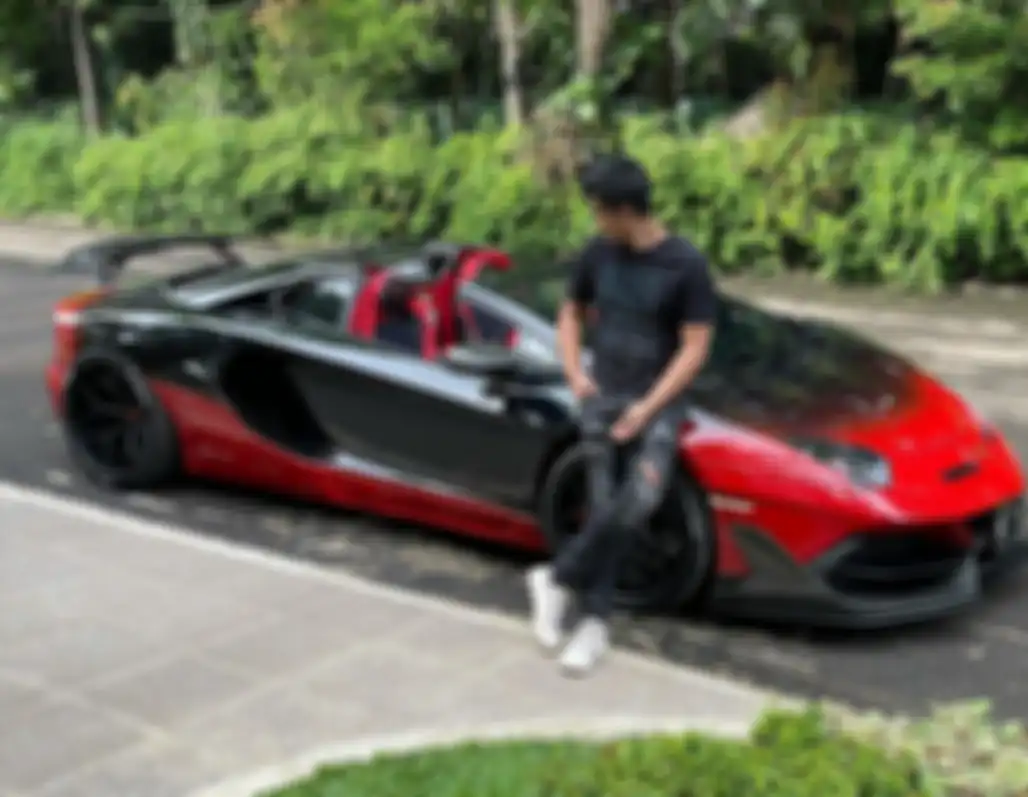 Hardy berpose di depan Lamborghini Aventador milik Raffi Ahmad. 