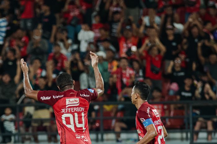 Selebrasi Jefferson Assis saat laga Bali United Vs Madura United di Stadion Kapten I Wayan Dipta, Gianyar, Bali, pada Sabtu (15/7/2023).