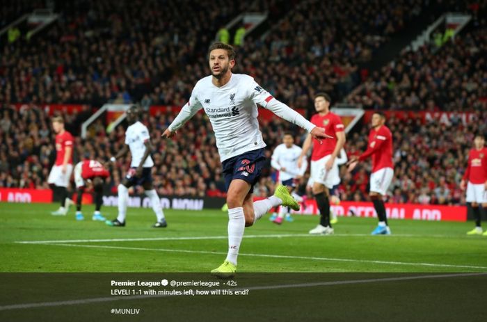 Selebrasi Adam Lallana usai mencetak gol ke gawang Man United di Stadion Old Trafford, dalam laga pekan ke-9 Liga Inggris, Minggu (20/10/2019).