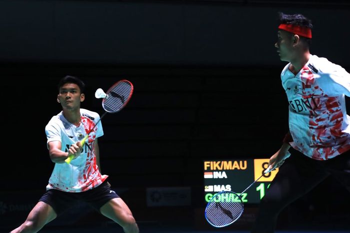 Pasangan ganda putra Indonesia, Muhammad Shohibul Fikri/Bagas Maulana, ketika tampil pada babak kesatu Japan Open 2022 di Osaka, Jepang, Selasa (30/8/2022).