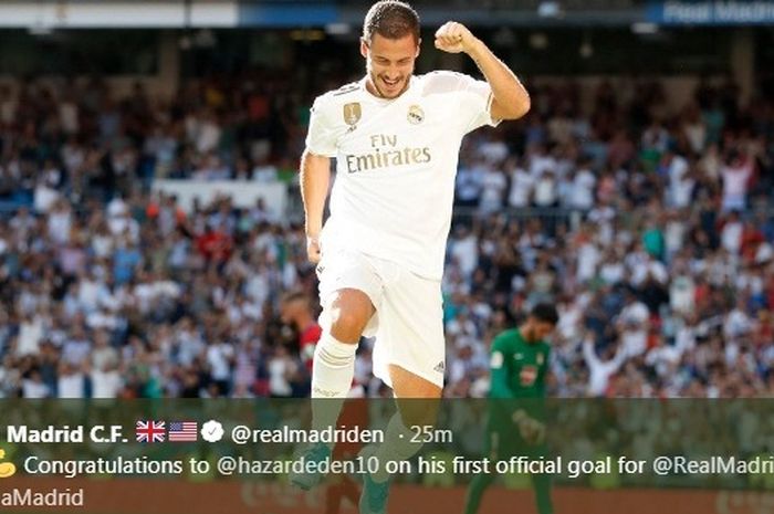 Penyerang Real Madrid, Eden Hazard, melakukan selebrais seusai menjebol gawang Granda dalam laga di Estadio Santiago Bernabeu, Sabtu (5/20/2019).