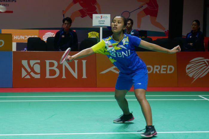 Tunggal putri Indonesia, Mutiara Ayu Puspitasari saat berlaga di babak final beregu Kejuaraan Asia Junior 2023 di GOR Among Raga, Yogyakarta, Selasa (11/7/2023) 