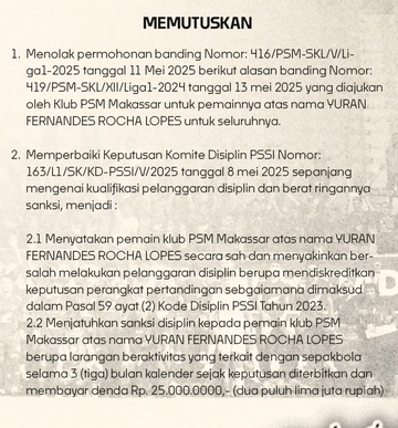 Keputusan Komite Banding PSSI soal Hukuman Yuran Fernandes.