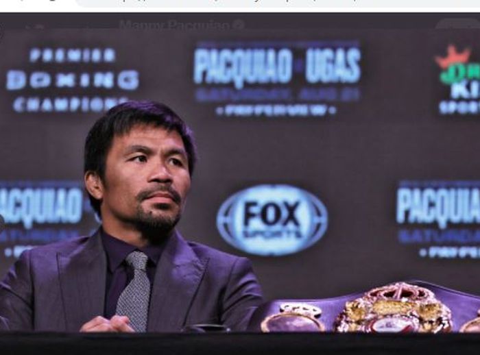 Manny Pacquiao saat menghadiri konferensi pers menjelang laga melawan Yordenis Ugas pada Rabu (18/8/2021).