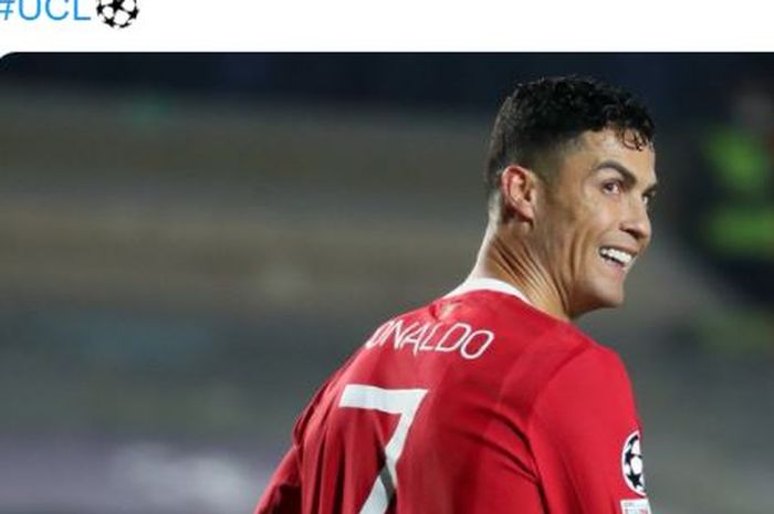 Striker Manchester United, Cristiano Ronaldo, merayakan gol dalam laga Grup F Liga Champions kontra Atalanta di Stadio di Bergamo, Selasa (2/11/2021).