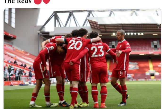 Momen pemain Liverpool merayakan gol yang diciptakan Trent Alexander-Arnold ke gawang Aston Villa dalam laga pekan ke-31 Liga Inggris 2020-2021.