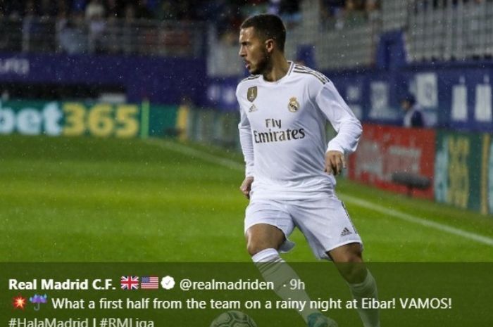 Aksi bintang Real Madrid, Eden Hazard, dalam laga kontra Eibar di Ipurua pada Sabtu (9/11/2019).