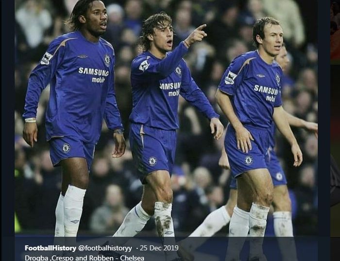 Didier Drogba (kiri), Hernan Crespo, dan Arjen Robben saat memperkuat Chelsea.