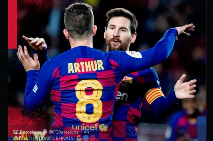 Lionel Messi merayakan gol bersama Arthur saat Barcelona menekuk Leganes di babak 16 besar Copa del Rey, 30 Januari 2020.