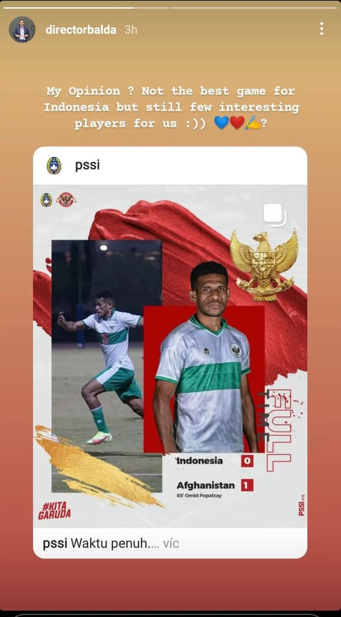 Tangkapan layar Instagram story Direktur FK Senica, David Balda, menanggapi penampilan timnas Indonesia vs Afghanistan, 16 November 2021.