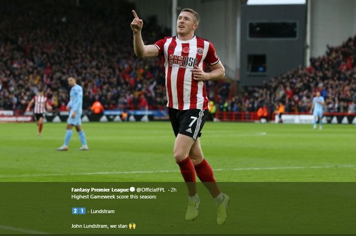 Selebrasi John Lundstram usai mencetak gol ke gawang Burnley pada lanjutan Liga Inggris, Sabtu (2/11/2019).