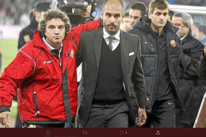 Juanma Lillo dan Pep Guardiola dalam pertandingan Liga Spanyol antara Barcelona kontra Almeria.