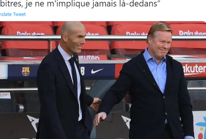 Pelatih Real Madrid, Zinedine Zidane (kiri) saat bersama juru taktik Barcelona, Ronald Koeman.