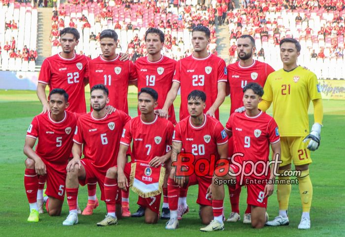 Skuad Timnas Indonesia sedang berfoto bersama di Stadion Utama Gelora Bung Karno, Senayan, Jakarta,  Kamis (7/6/2024).