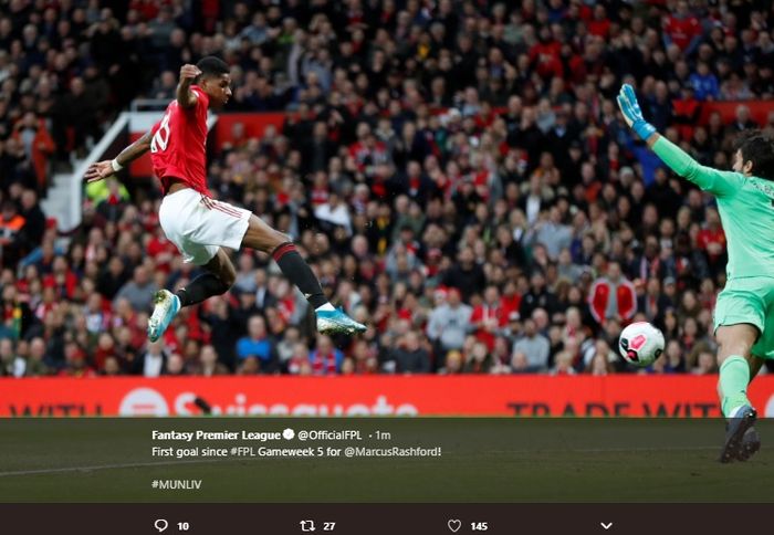 Marcus Rashfird saat mencetak gol ke gawang Liverpool di Stadion Old Trafford, dalam laga pekan ke-9 Liga Inggris, Minggu (20/10/2019). 