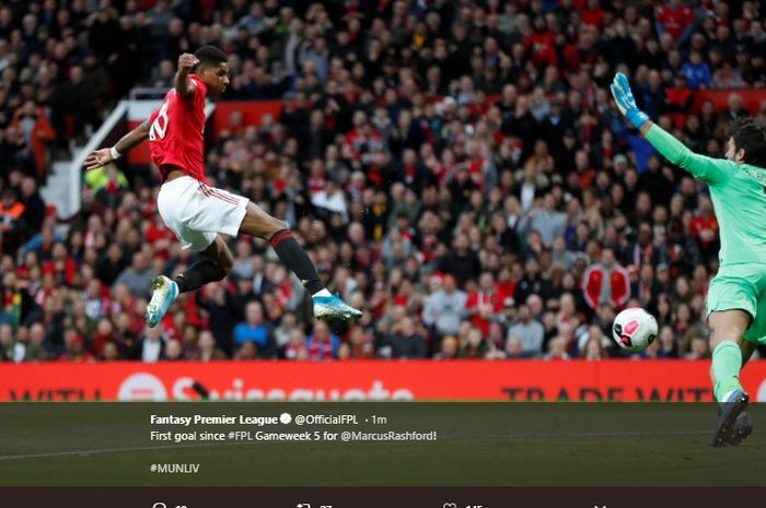 Marcus Rashfird saat mencetak gol ke gawang Liverpool di Stadion Old Trafford, dalam laga pekan ke-9 Liga Inggris, Minggu (20/10/2019). 