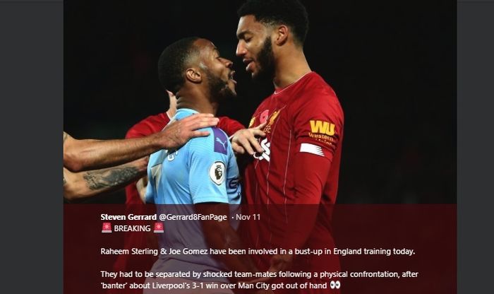 Cekcok antara Joe Gomez dan Raheem Sterling di laga Liverpool Vs Man City pada Minggu (10/11/2019).