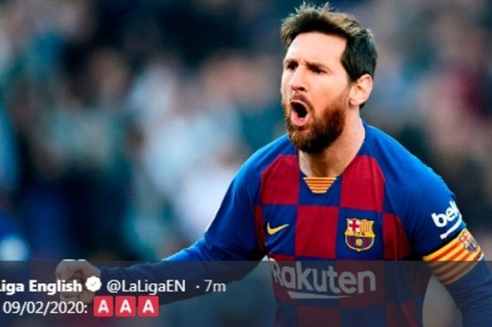 Megabintang Barcelona, Lionel Messi, berselebrasi seusai menjebol gawang Eibar dalam laga Liga Spanyol di Stadion Camp Nou, Sabtu (22/2/2020).