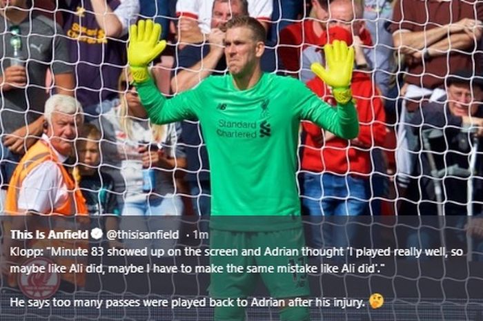 Kiper Liverpool, Adrian San Miguel saat berlaga melawan Southampton di Stadion St Mary, Sabtu (17/8/2019).