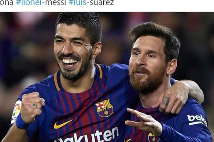 Luis Suarez dan Lionel Messi melakukan selebrasi saat berseragam Barcelona.