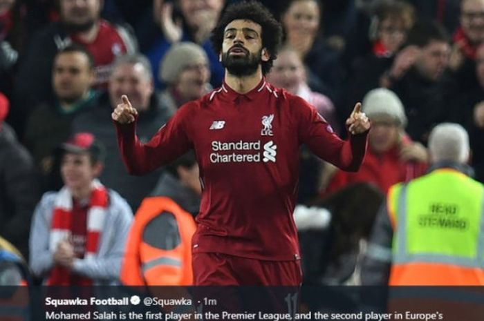 Mohamed Salah mencetak gol saat Liverpool melawan Crystal Palace pada pekan ke-23 Liga Inggris musim 2018-2019.