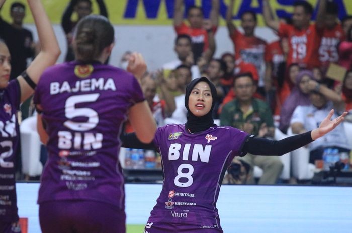 Pemain Jakarta BIN, Megawati Hangestri Pertiwi sedang berselebrasi usai meraih angka dalam lanjutan pekan kelima Proliga 2024, Sabtu (9/6/2024)