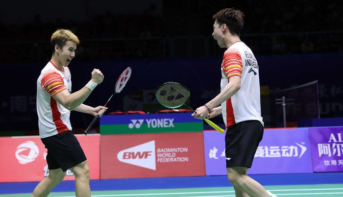 Marcus Fernaldi Gideon/Kevin Sanjaya Sukamuljo saat memenangi laga melawan Lee Yang/Wang Chi-Lin (Taiwan) pada babak perempat final Piala Sudirman 2019, di Guangxi Sports Center Gymnasium, Nanning, China, Jumat (24/5/2019).